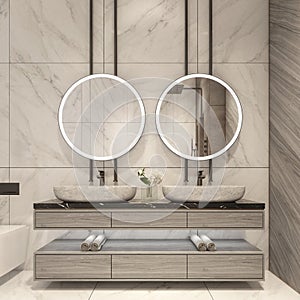 Modern bathroom design with white marble tiles photo