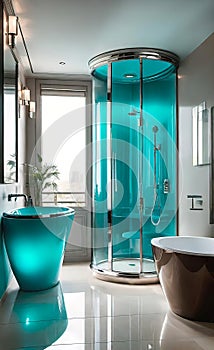 modern bathroom, fashion home interior designer style, warm lighting, modern furniture, light luxury flooring, light walls, luxury