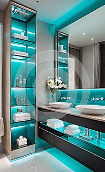 modern bathroom, fashion home interior designer style, warm lighting, modern furniture, light luxury flooring, light walls, luxury