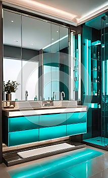 modern bathroom, fashion home interior designer style, warm lighting, modern furniture, light luxury flooring, light walls, luxury