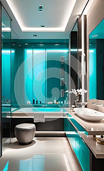 modern bathroom, fashion home interior designer style, warm lighting, modern furniture, light luxury flooring, light walls, luxury