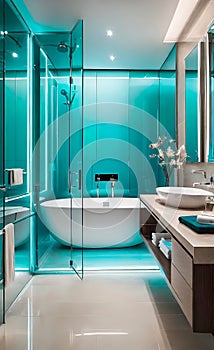 modern bathroom, fashion home interior designer style, warm lighting, modern furniture, light luxury flooring, light walls, luxury