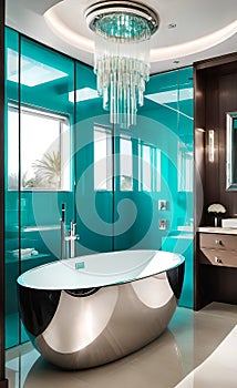 modern bathroom, fashion home interior designer style, warm lighting, modern furniture, light luxury flooring, light walls, luxury