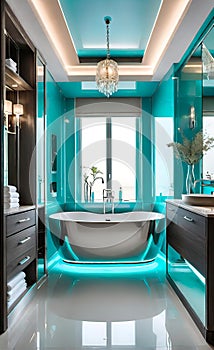 modern bathroom, fashion home interior designer style, warm lighting, modern furniture, light luxury flooring, light walls, luxury