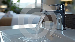 modern bathroom fixtures, water elegantly flowing from the sleek bathroom faucet, enhancing the space with