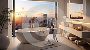 Modern bathroom with a freestanding bathtub in a penthouse, with a beautiful view of the city\'s skyscrapers