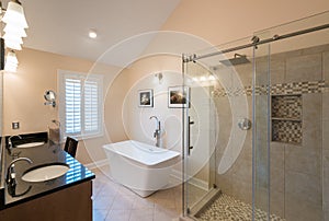 Modern bathroom with freestanding tub and vanity