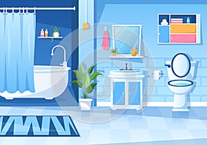 Modern Bathroom Furniture Interior Background Illustration with Bathtub, Faucet Toilet Sink to Shower and Clean up in Flat Color