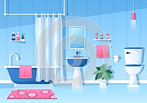 Modern Bathroom Furniture Interior Background Illustration with Bathtub, Faucet Toilet Sink to Shower and Clean up in Flat Color