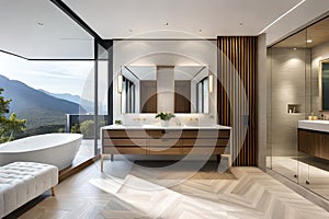 A modern bathroom with a glass shower enclosure, sleek fixtures, and natural stone tiles.
