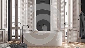 Modern bathroom in gray tones in classic apartment with window with shutters and parquet. Freestanding bathtub, pouf with