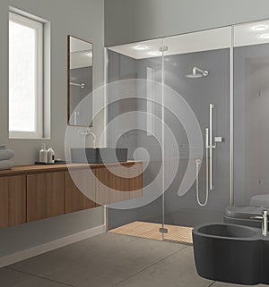 Modern bathroom in gray and wooden tones, concrete tiles floor, large shower with tiles and spotlight, washbasin with mirror,