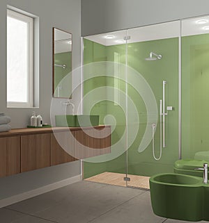 Modern bathroom in green and wooden tones, concrete tiles floor, large shower with tiles and spotlight, washbasin with mirror,