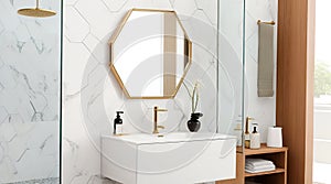 A modern bathroom with hexagon mirror and white marble tiles