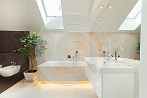 Modern bathroom with illuminated bathtube photo