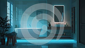 Modern bathroom interior with ambient blue lighting