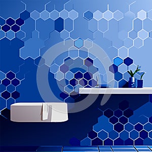 Modern bathroom interior with bathtub and mirror. Vector illustration in blue colors AI generated