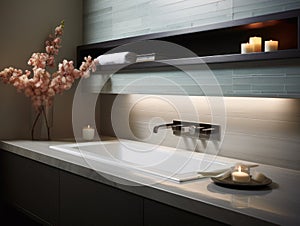 Modern bathroom interior with bathtub and water tap. Closeup view of tray with hairbrush, soap in bottle dispenser and