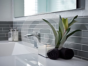 Modern bathroom interior with bathtub and water tap. Closeup view of tray with hairbrush, soap in bottle dispenser and