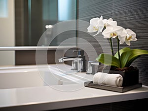 Modern bathroom interior with bathtub and water tap. Closeup view of tray with hairbrush, soap in bottle dispenser and