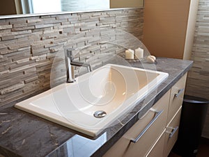 Modern bathroom interior with bathtub and water tap. Closeup view of tray with hairbrush, soap in bottle dispenser and