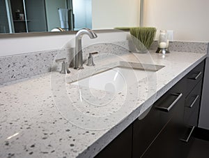 Modern bathroom interior with bathtub and water tap. Closeup view of tray with hairbrush, soap in bottle dispenser and