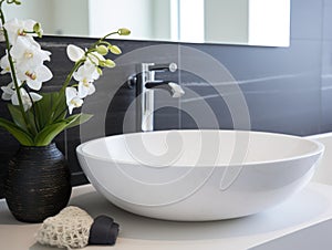 Modern bathroom interior with bathtub and water tap. Closeup view of tray with hairbrush, soap in bottle dispenser and