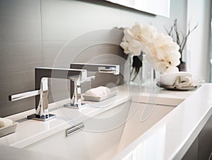 Modern bathroom interior with bathtub and water tap. Closeup view of tray with hairbrush, soap in bottle dispenser and