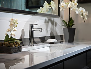 Modern bathroom interior with bathtub and water tap. Closeup view of tray with hairbrush, soap in bottle dispenser and