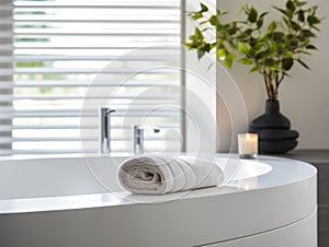 Modern bathroom interior with bathtub and water tap. Closeup view of tray with hairbrush, soap in bottle dispenser and