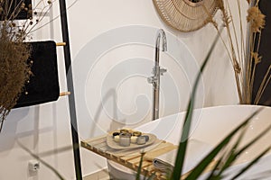 Modern bathroom interior with bathtub and water tap. Panoramic view of soap and clean towels, plant decorations and candles