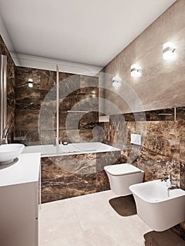 Modern bathroom interior with beige and brown marble tiles