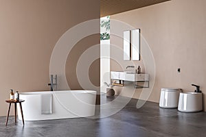 Modern bathroom interior with beige walls, marble basin with double mirror, bathtub, a open air shower and grey concrete floor