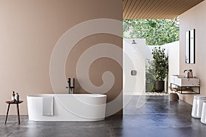 Modern bathroom interior with beige walls, marble basin with double mirror, bathtub, a open air shower and grey concrete floor.