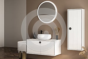 Modern bathroom interior with beige walls, white basin with oval mirror, bathtub and parquet floor. Minimalist beige bathroom with