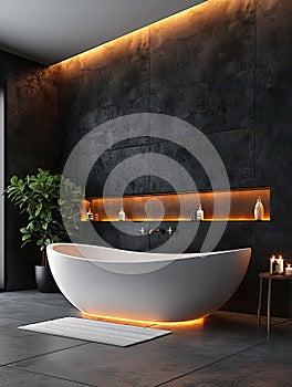 Modern bathroom interior with black tile walls, concrete floor and white bathtub