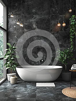 Modern bathroom interior with black tile walls, concrete floor and white bathtub