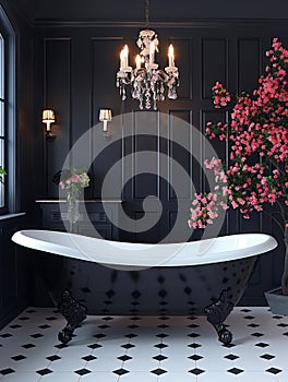 Modern bathroom interior with black walls and black bathtub