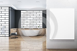 Modern bathroom interior with blank mock up banner on wall, bathtub, abstract windows and reflections on wooden flooring. 3D