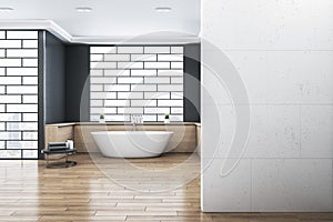 Modern bathroom interior with blank mock up place on wall, bathtub, abstract windows and reflections on wooden flooring. 3D
