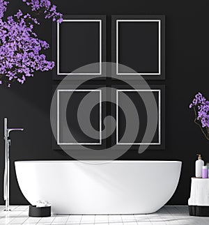 Modern bathroom interior with blossom tree, poster wall mock up