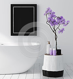 Modern bathroom interior with blossom tree, poster wall mock up