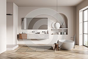 Modern bathroom interior with ceramic bathtub, double sink, mirror, shower. White walls, hardwood flooring. Panoramic window. 3d