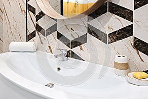 Modern bathroom interior, clean bright stylish designer modern bathroom