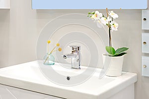 Modern bathroom interior, clean bright stylish designer modern bathroom