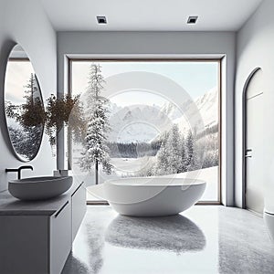 Modern bathroom interior with concrete floor, white oval bathtub and white basin