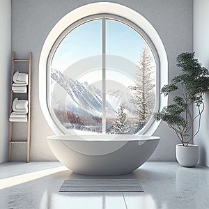 Modern bathroom interior with concrete floor, white oval bathtub and white basin