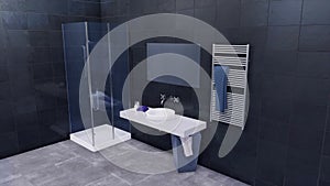 Modern bathroom interior with dark gray tiled wall