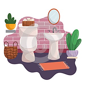 Modern Bathroom Interior Design, Toilet Bowl And Ceramics Sink With Mirror, Potted Plants, Basket And Rug In Home