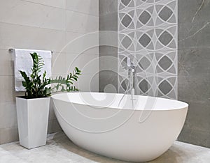 Modern bathroom interior design with white stone bathtub, grey tiles wall, ceramic flowerpot with green plant and hanger with